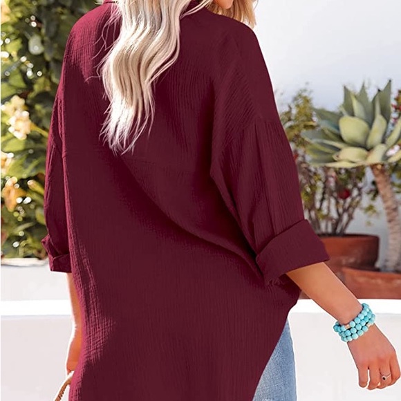 NWT Women’s Whine Red AISEW Button Down Casual V-Neck Longsleeve Collared Blouse - Picture 3 of 8